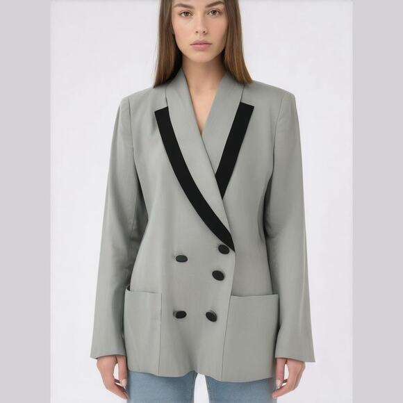 Oleg Cassini Gray Tuxedo Double Breasted Notched Black Trim Blazer Women Sz 12 - Picture 1 of 14